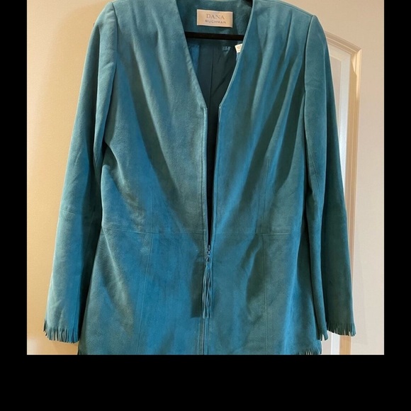 Dana Buchman Teal l Fringe Jacket color is in photo of real pc & less fringe - Picture 2 of 3